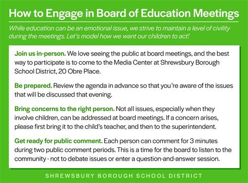 How to engage in board of education meetings: attend, read the agenda, bring concerns, participate in comment session